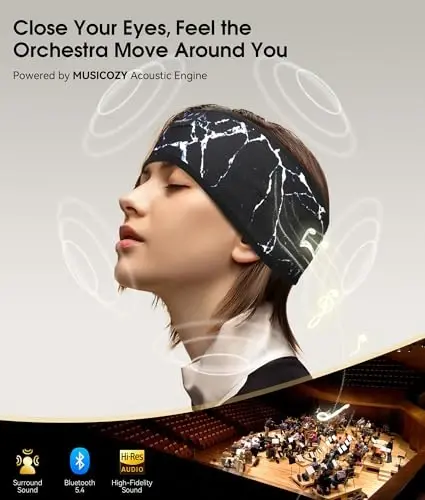 MUSICOZY Sleep Headphones Bluetooth 5.4 Headband, Wireless Earphones Music Sleep Earbuds Sleeping Eye Mask with HD Stereo Speakers for Workout Running Travel Yoga, Ideal Gifts (Marbling Black) - 4