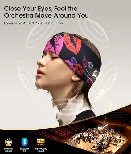 MUSICOZY Sleep Headphones Bluetooth 5.4 Headband, Wireless Earphones Music Sleep Earbuds Sleeping Eye Mask with HD Stereo Speakers for Workout Running Travel Yoga, Ideal Gifts (Rainbow Lip) - 4