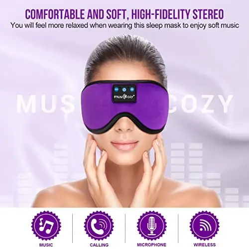 MUSICOZY Sleep Headphones, Bluetooth 5.4 Sleep Mask Headband Headphones Sleeping Eye Mask, Wireless Music Earbuds Earphones with HD Stereo Speakers Cool Gadgets Gifts (Violet) - 2