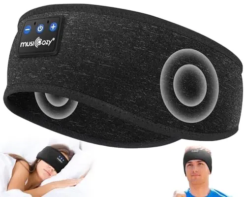 MUSICOZY Sleep Headphones Bluetooth 5.4 Headband, Wireless Earphones Music Sleep Earbuds Sleeping Eye Mask with HD Stereo Speakers for Workout Running Travel Yoga, Ideal Gifts (Double-Sided Black) 