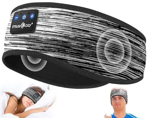 MUSICOZY Sleep Headphones Bluetooth 5.4 Headband, Wireless Earphones Music Sleep Earbuds Sleeping Eye Mask with HD Stereo Speakers for Workout Running Travel Yoga, Ideal Gifts (Stripped Gray) - MUSICOZY