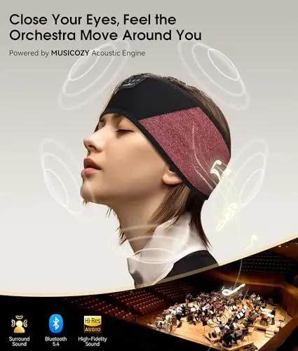 MUSICOZY Sleep Headphones Bluetooth 5.4 Headband, Wireless Earphones Music Sleep Earbuds Sleeping Eye Mask with HD Stereo Speakers for Workout Running Travel Yoga, Ideal Gifts (Red & Black) - 4