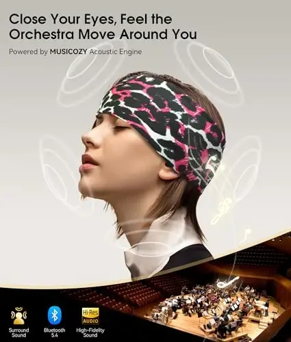 MUSICOZY Sleep Headphones Bluetooth 5.4 Headband, Wireless Earphones Music Sleep Earbuds Sleeping Eye Mask with HD Stereo Speakers for Workout Running Travel Yoga, Ideal Gifts (Black Red Lip) - 4