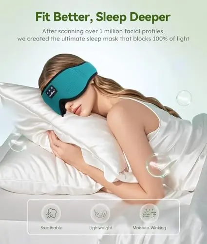 MUSICOZY Sleep Headphones Breathable Bluetooth Headband 3D Sleeping Headphones, Wireless Music Eye Mask Sleep Earbuds for Side Sleeper Women,Men Office Air Travel Cool Tech Gadgets Unique Gifts Green - 3