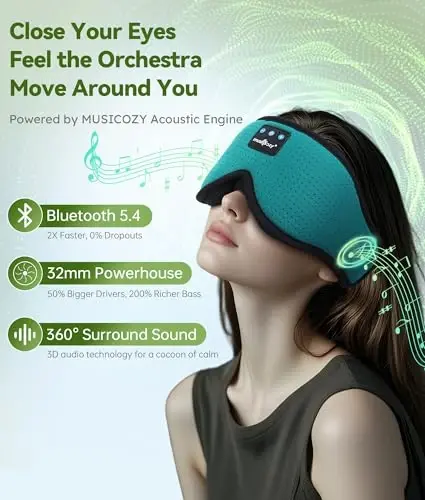 MUSICOZY Sleep Headphones Breathable Bluetooth Headband 3D Sleeping Headphones, Wireless Music Eye Mask Sleep Earbuds for Side Sleeper Women,Men Office Air Travel Cool Tech Gadgets Unique Gifts Green - 5