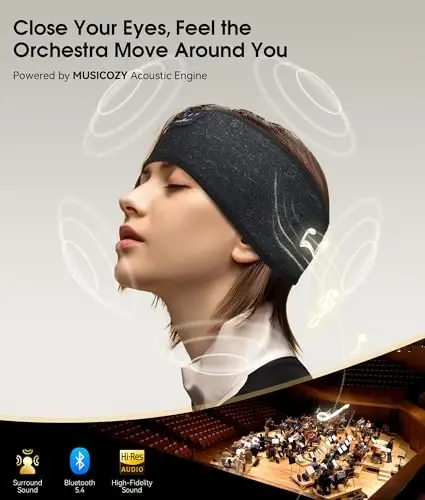 MUSICOZY Uyqu Eshitish vositalari Bluetooth 5.4 Bosh bog'lam, Simsiz Eshitish vositalari Musiqa Uyqu Eshitish vositalari HD Stereo Dinamiklar bilan Uxlash Ko'zoynak, Mashq Yugurish Sayohat Yoga uchun ideal sovg'alar (Qora) - 4