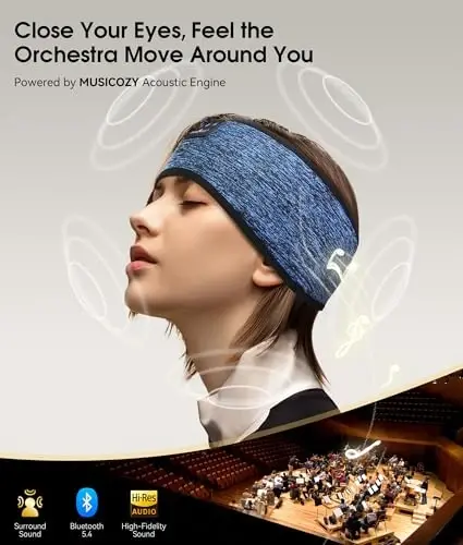 MUSICOZY Uyqu Eshitish vositalari Bluetooth 5.4 Bosh bog'lam, simsiz quloqchinlar Musiqa Uyqu Quloqchinlari HD Stereo Dinamikli Uxlash Ko'zoynak, Sport bilan shug'ullanish Yugurish Sayohat Yoga uchun ideal sovg'alar (Moviy) - 4