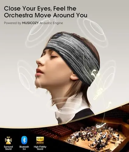 MUSICOZY Uyqu Eshitish vositalari Bluetooth 5.4 Bosh tasmasi, Simsiz Eshitish vositalari Musiqa Uyqu Eshitish vositalari HD Stereo Karnayli Uyqu Ko'z Maskasi Mashq Yugurish Sayohat Yoga uchun, Ideal Sovg'alar (Chiziqli kulrang) - 4