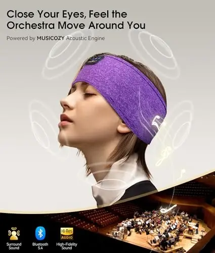 MUSICOZY Uyqu Eshitish vositalari Bluetooth 5.4 Bosh tasmasi, simsiz quloqchinlar Musiqa Uyqu quloqchinlari HD stereo dinamiklari bilan uxlaydigan ko'z niqobi, mashqlar Yugurish Sayohat Yoga uchun ideal sovg'alar ayollar erkaklar uchun - 4