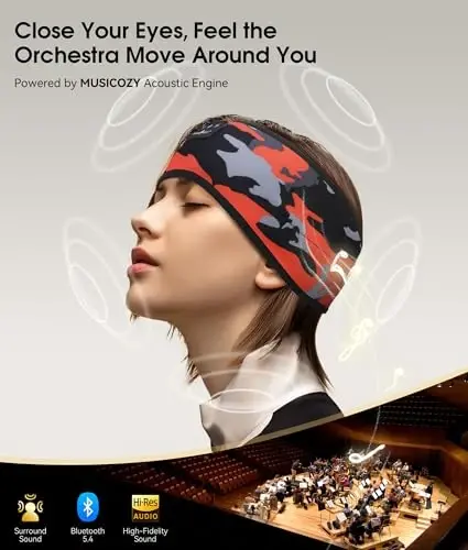 MUSICOZY Uyqu Eshitish Vositalari Bluetooth 5.4 Bosh tasmasi, Simsiz Quloqchinlar Musiqa Uyqu Quloqchinlari HD Stereo Dinamikli Uyqu Ko'zoynagi Mashg'ulot Yugurish Sayohat Yoga uchun, Ideal Sovg'alar (Qora Qizil) - 5