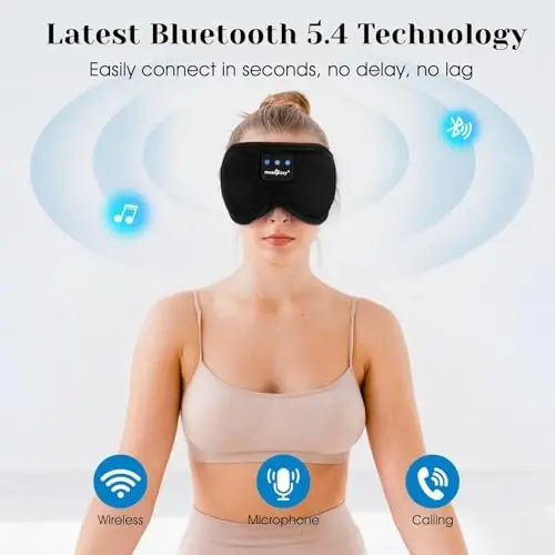 MUSICOZY Uyqu Eshitish vositalari, Bluetooth 5.4 Uyqu Maskasi Bosh bandi Eshitish vositalari Uyqu Ko'z Maskasi, Simsiz Musiqa Quloqchinlari Yonboshlab uxlaydiganlar uchun HD Stereo Dinamiklar bilan, Sovuq Gadjetlar Noyob Sovg'a - 6