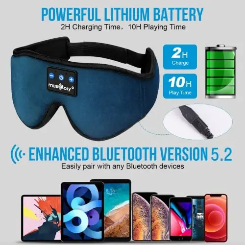 MUSICOZY Uyqu Eshitish vositalari, Bluetooth 5.4 Uyqu Maskasi Boshbog' Eshitish vositalari Uyqu Ko'z Maskasi, Simsiz Musiqa Quloqchinlari HD Ultra Yupqa Stereo Dinamiklar bilan Yonboshlab Uxlaydigan Erkaklar Ayollar uchun - 4