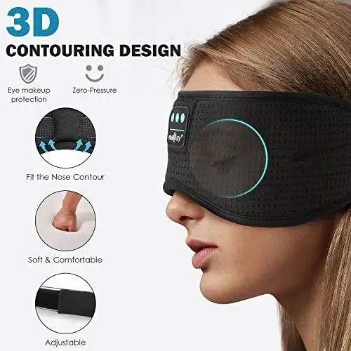 MUSICOZY Uyqu Eshitish vositalari, Bluetooth Uyqu Maskasi Bosh bog'lamli Eshitish vositalari Ko'z Maskasi, Simsiz Musiqa Quloqchinlari HD Ultra Yupqa Stereo Dinamiklar bilan Yonboshlab Uxlash Erkaklar Ayollar uchun - 2