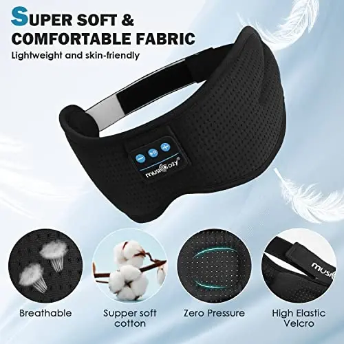 MUSICOZY Uyqu Eshitish vositalari, Bluetooth Uyqu Maskasi Bosh bog'lamli Eshitish vositalari Ko'z Maskasi, Simsiz Musiqa Quloqchinlari HD Ultra Yupqa Stereo Dinamiklar bilan Yonboshlab Uxlash Erkaklar Ayollar uchun - 6