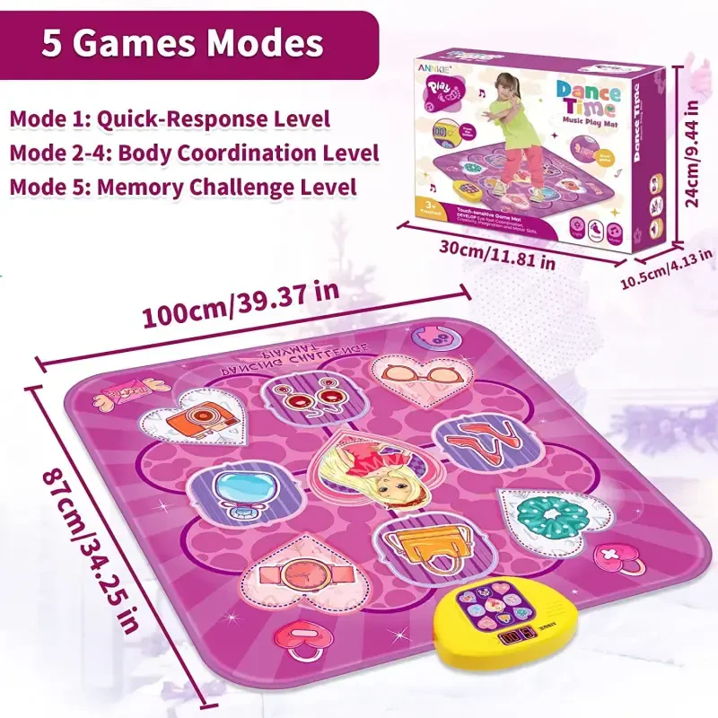 Musiqiy raqs o'yin gilami, LED chiroqlari bilan bolalar elektron raqs maydonchasi o'yinchoq, 5 o'yin rejimi Raqs gilami 3-10 yoshli qizlar uchun tug'ilgan kun sovg'alari (Binafsha) - 5