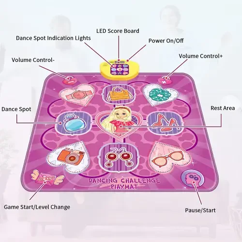 Musiqiy raqs o'yin gilami, LED chiroqlari bilan bolalar elektron raqs maydonchasi o'yinchoq, 5 o'yin rejimi Raqs gilami 3-10 yoshli qizlar uchun tug'ilgan kun sovg'alari (Binafsha) - 6