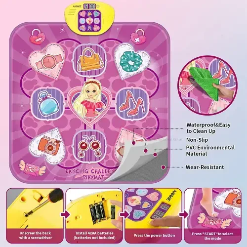 Musiqiy raqs o'yin gilami, LED chiroqlari bilan bolalar elektron raqs maydonchasi o'yinchoq, 5 o'yin rejimi Raqs gilami 3-10 yoshli qizlar uchun tug'ilgan kun sovg'alari (Binafsha) - 7