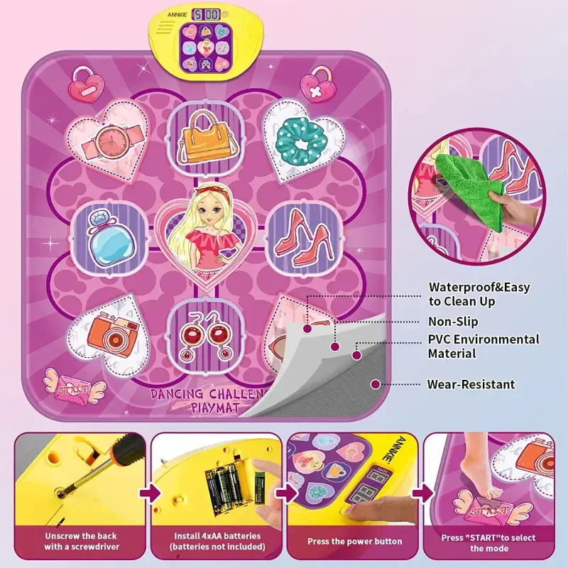 Musiqiy raqs o'yin gilami, LED chiroqlari bilan bolalar elektron raqs maydonchasi o'yinchoq, 5 o'yin rejimi Raqs gilami 3-10 yoshli qizlar uchun tug'ilgan kun sovg'alari (Binafsha) - 7