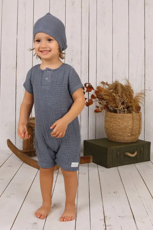 Muslin Baby Romper with Hat-Indigo - BEW TEX