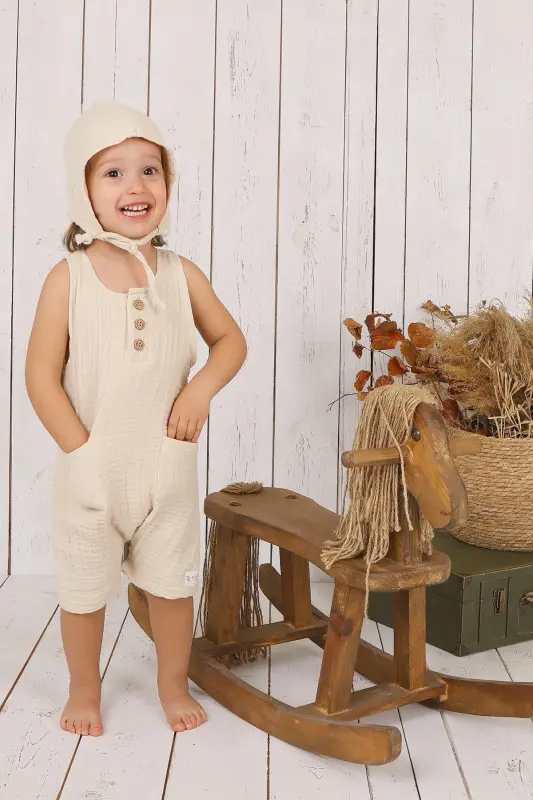 Muslin Bebek Oldindan Tugmali Tulum-Krem - 2
