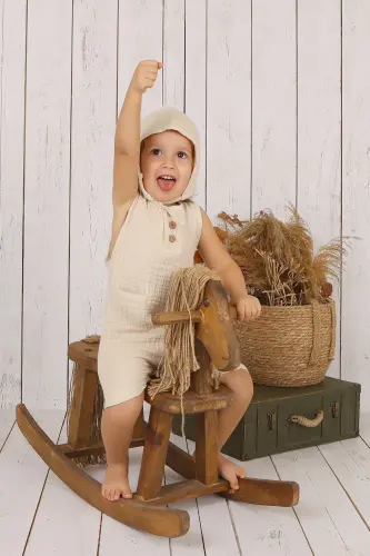 Muslin Bebek Oldindan Tugmali Tulum-Krem - 5