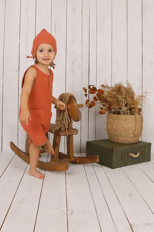 Müslin Bebek Önden Düğmeli Tulum - Kiremit - 3