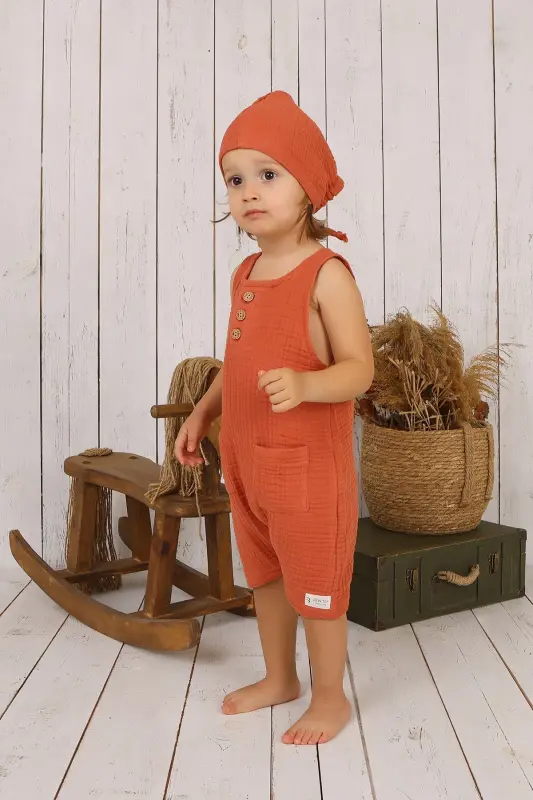 Müslin Bebek Önden Düğmeli Tulum - Kiremit - 4