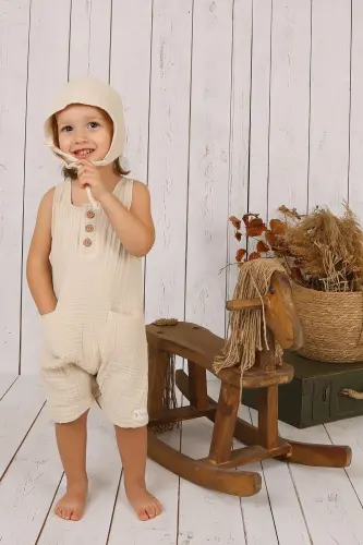 Müslin Bebek Önden Düğmeli Tulum - Krem - 3
