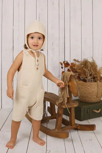 Müslin Bebek Önden Düğmeli Tulum - Krem - 4