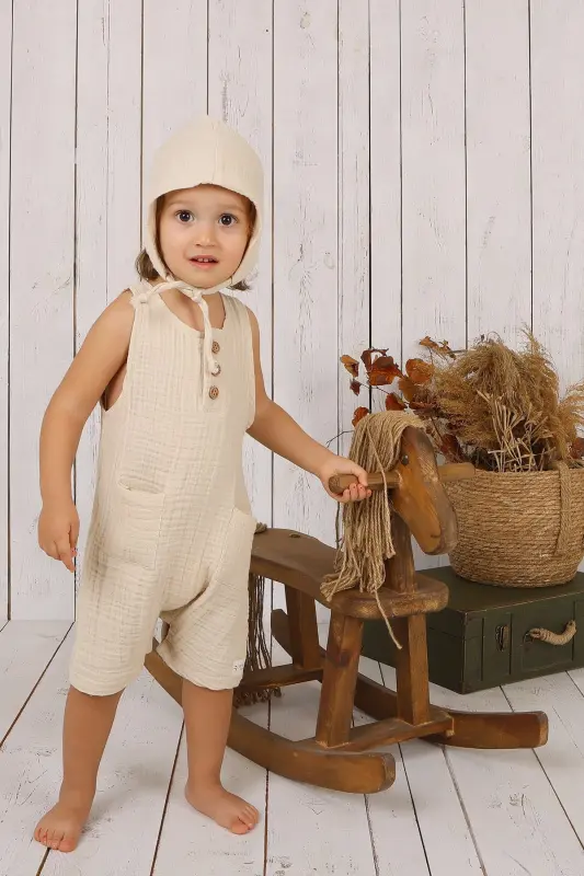 Müslin Bebek Önden Düğmeli Tulum - Krem - 4