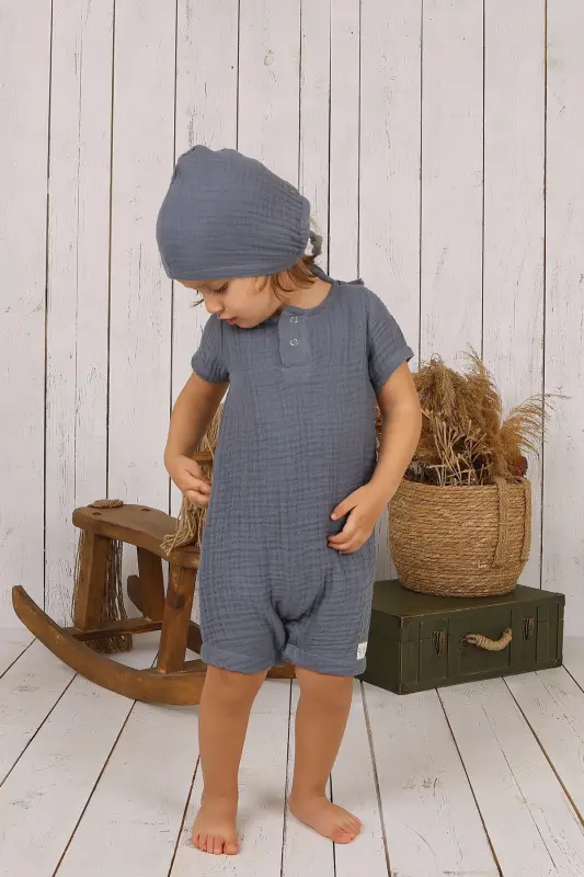 Muslin Bebek Shapkalı Tulum-İndigo - 3