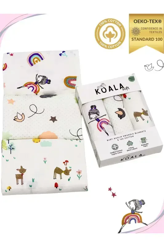 Muslin Blanket 3-Piece Set (80X80CM) | Oeko-Tex Muslin Fabric | Soft Towel for Newborn Baby, Swaddle - Ballerina Bird and Gazelle Pattern - KOALA SOFT