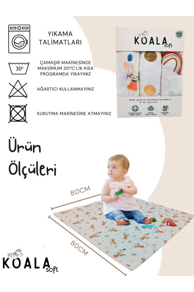 Muslin Blanket 3-Piece Set (80X80CM) | oeko-tex Muslin Fabric | Soft Towel, Swaddle for Newborn Baby - 18