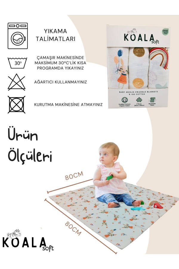 Muslin Blanket 3-Piece Set (80X80CM) | oeko-tex Muslin Fabric | Soft Towel, Swaddle for Newborn Baby - 18