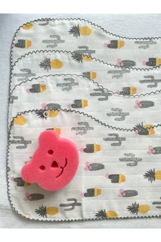 Müslin Çift Katlı Çıtçıtlı Mama Önlüğü Omuz Örtüsü Banyo Süngeri - PEMBE SÜNGER- ANANAS 