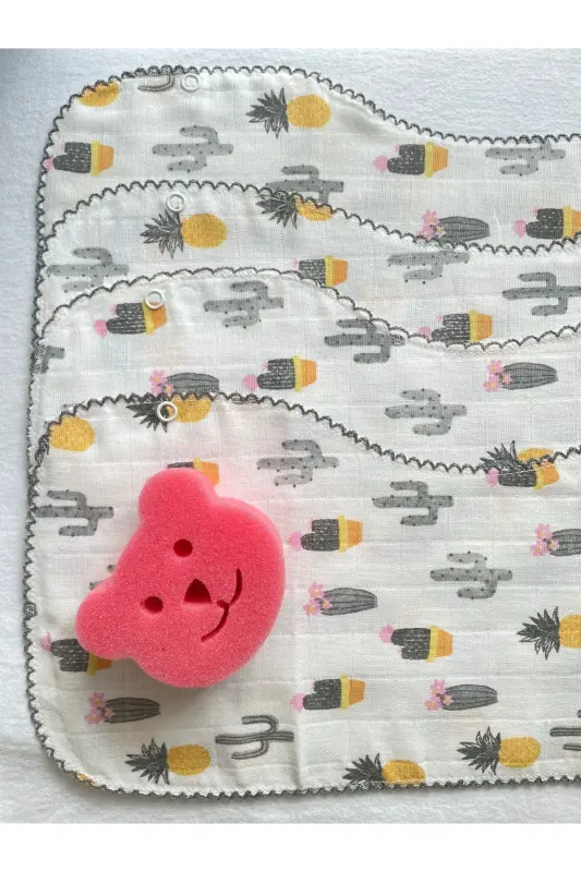 Müslin Çift Katlı Çıtçıtlı Mama Önlüğü Omuz Örtüsü Banyo Süngeri - PEMBE SÜNGER- ANANAS - 1