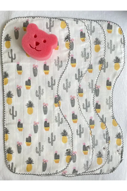 Müslin Çift Katlı Çıtçıtlı Mama Önlüğü Omuz Örtüsü Banyo Süngeri - PEMBE SÜNGER- ANANAS - 2