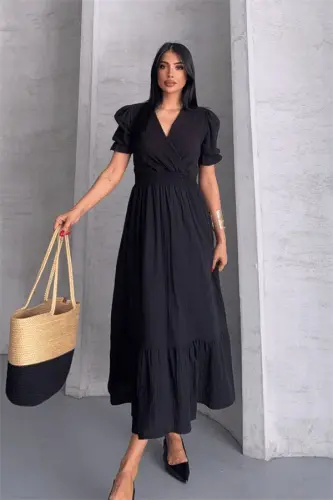 Muslin Fabric Dress - BLACK - 1