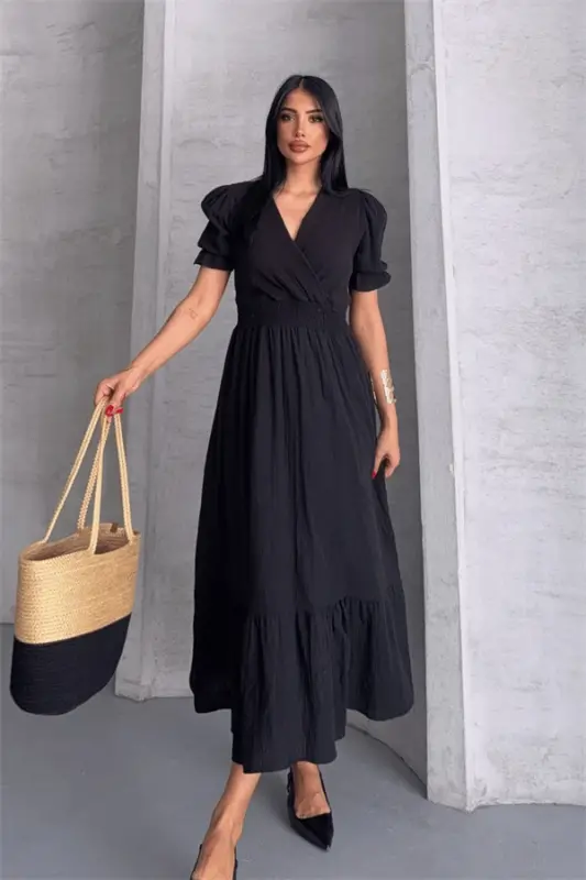 Muslin Fabric Dress - BLACK - 1