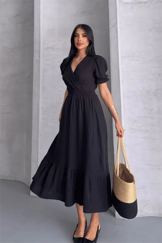 Muslin Fabric Dress - BLACK - 2