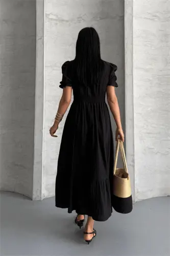 Muslin Fabric Dress - BLACK - 5