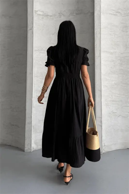 Muslin Fabric Dress - BLACK - 5