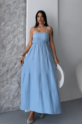 Muslin Fabric Long Dress - BABY BLUE - 1