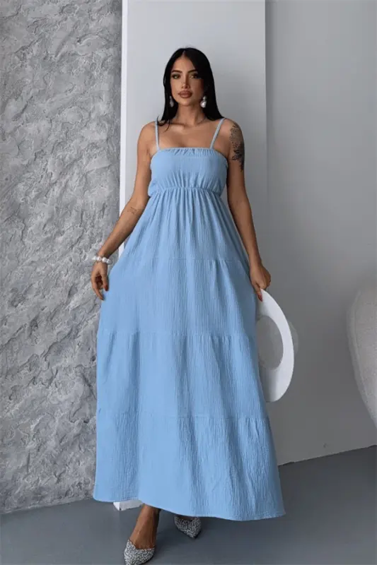 Muslin Fabric Long Dress - BABY BLUE - BÜYÜKBEDENIZ