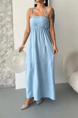 Muslin Fabric Long Dress - BABY BLUE - 3