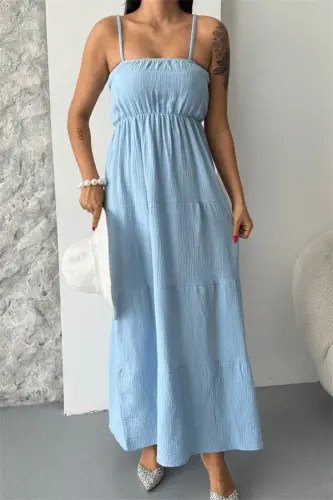 Muslin Fabric Long Dress - BABY BLUE - 4