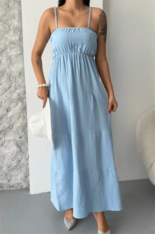 Muslin Fabric Long Dress - BABY BLUE - 4