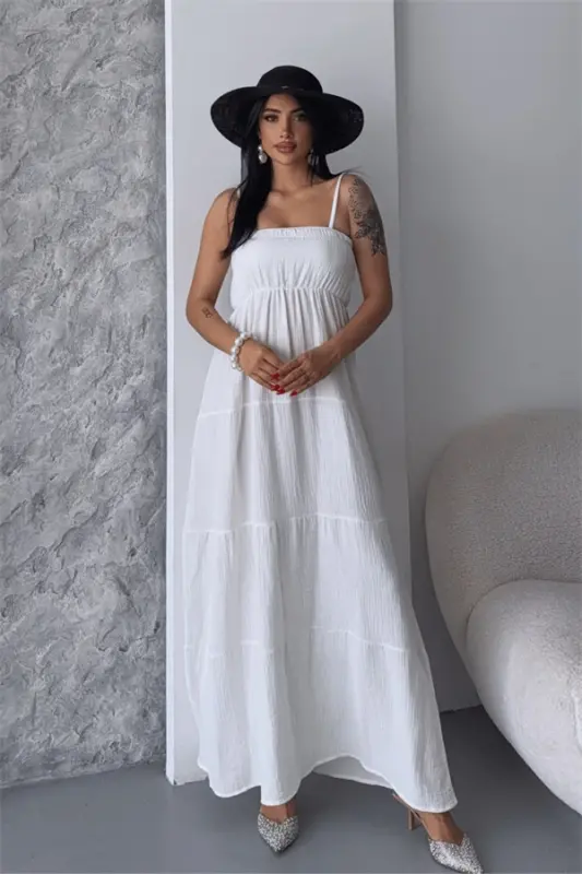 Muslin Fabric Long Dress - WHITE - BÜYÜKBEDENIZ