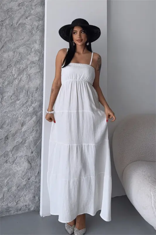 Muslin Fabric Long Dress - WHITE - 2