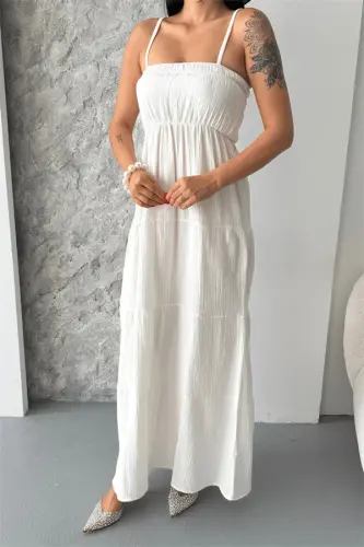 Muslin Fabric Long Dress - WHITE - 3